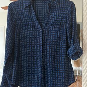 Express Navy Blue Diamond-Print Long Sleeve Blouse